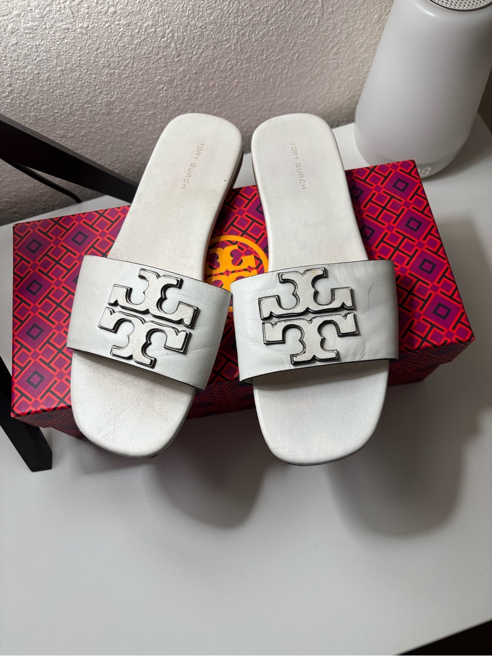 Tory Burch White Logo Leather Slide Sandals